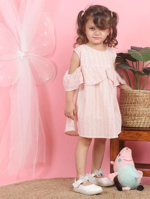 kids peach printed round neck frock