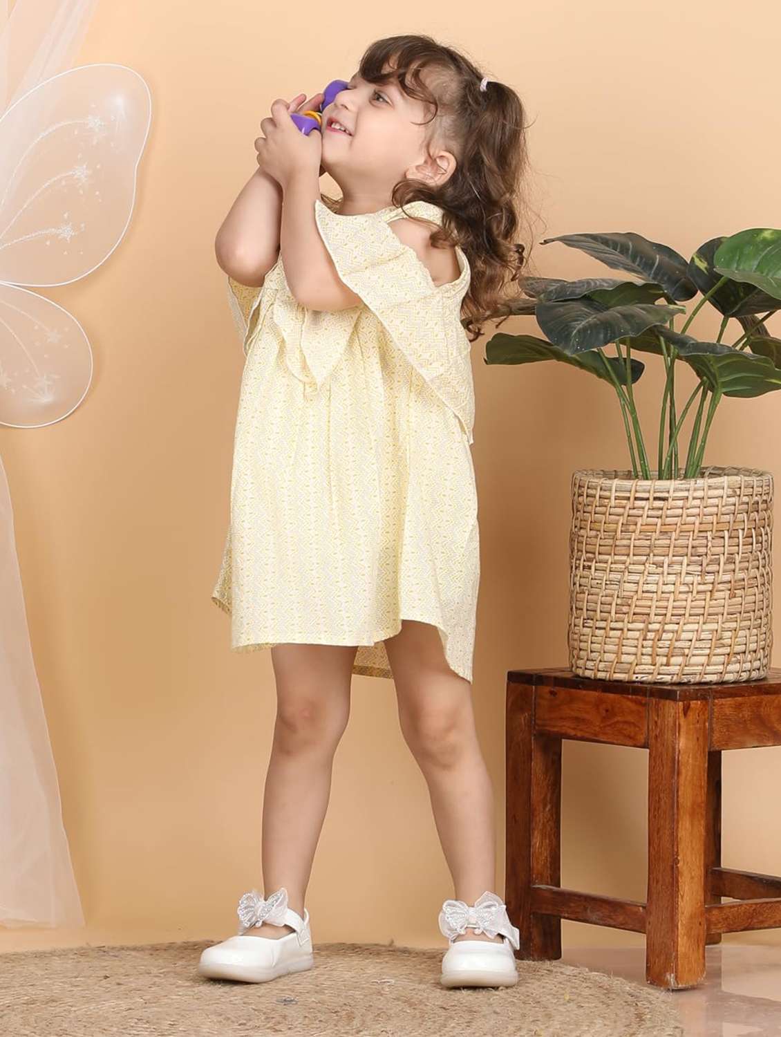 Kids Yellow Printed Round Neck Frock