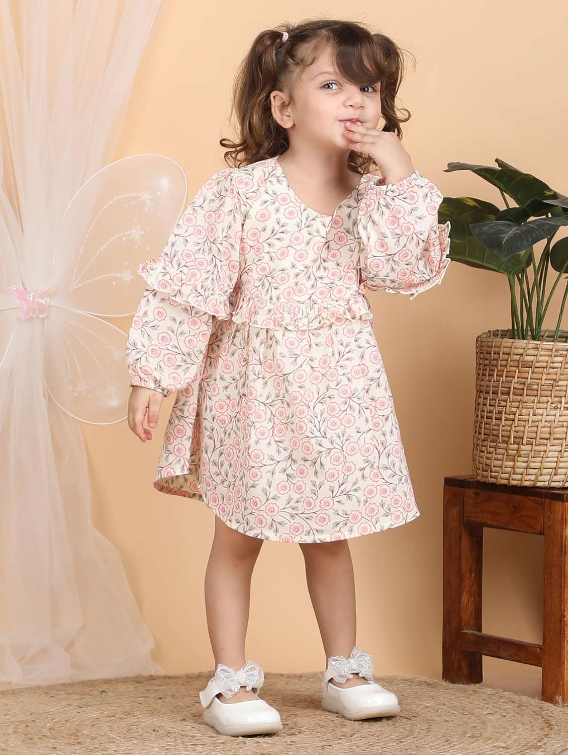 kids peach floral printed round neck frock