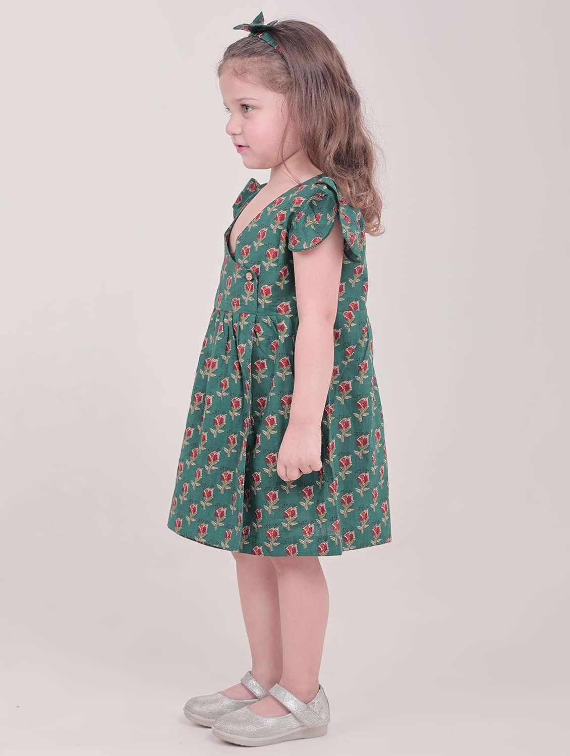 kids green floral printed v neck frock - 21948632 - Standard Image - 2