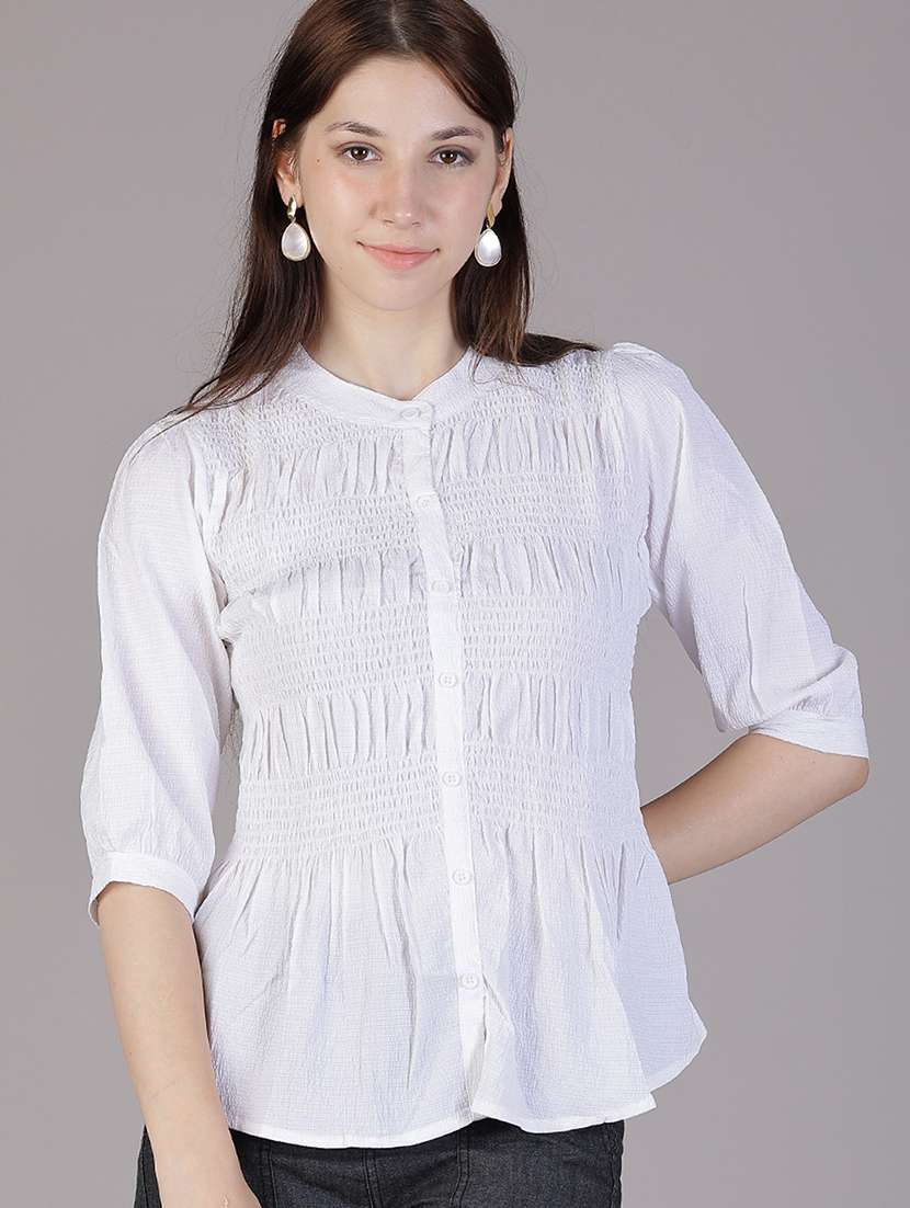 women white solid puff sleeve regular top