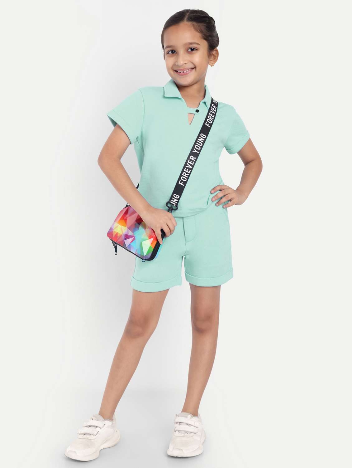 girls sea green solid shorts & top co-ords set