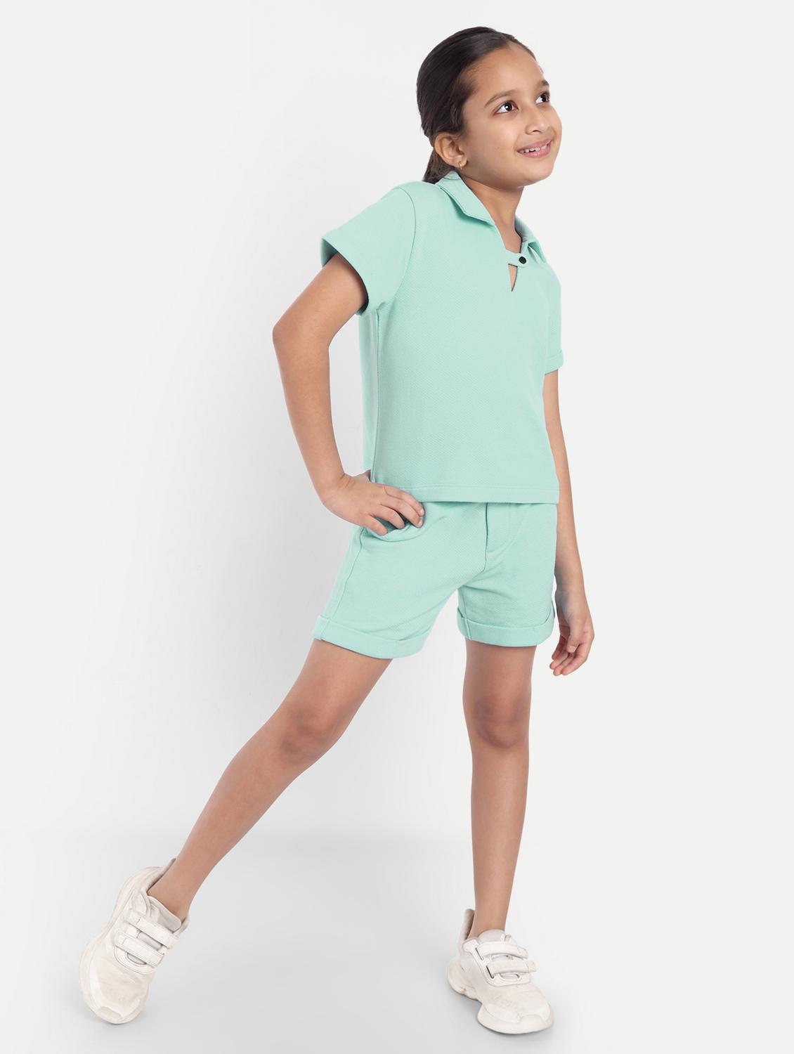 girls sea green solid shorts & top co-ords set - 21949154 - Standard Image - 2