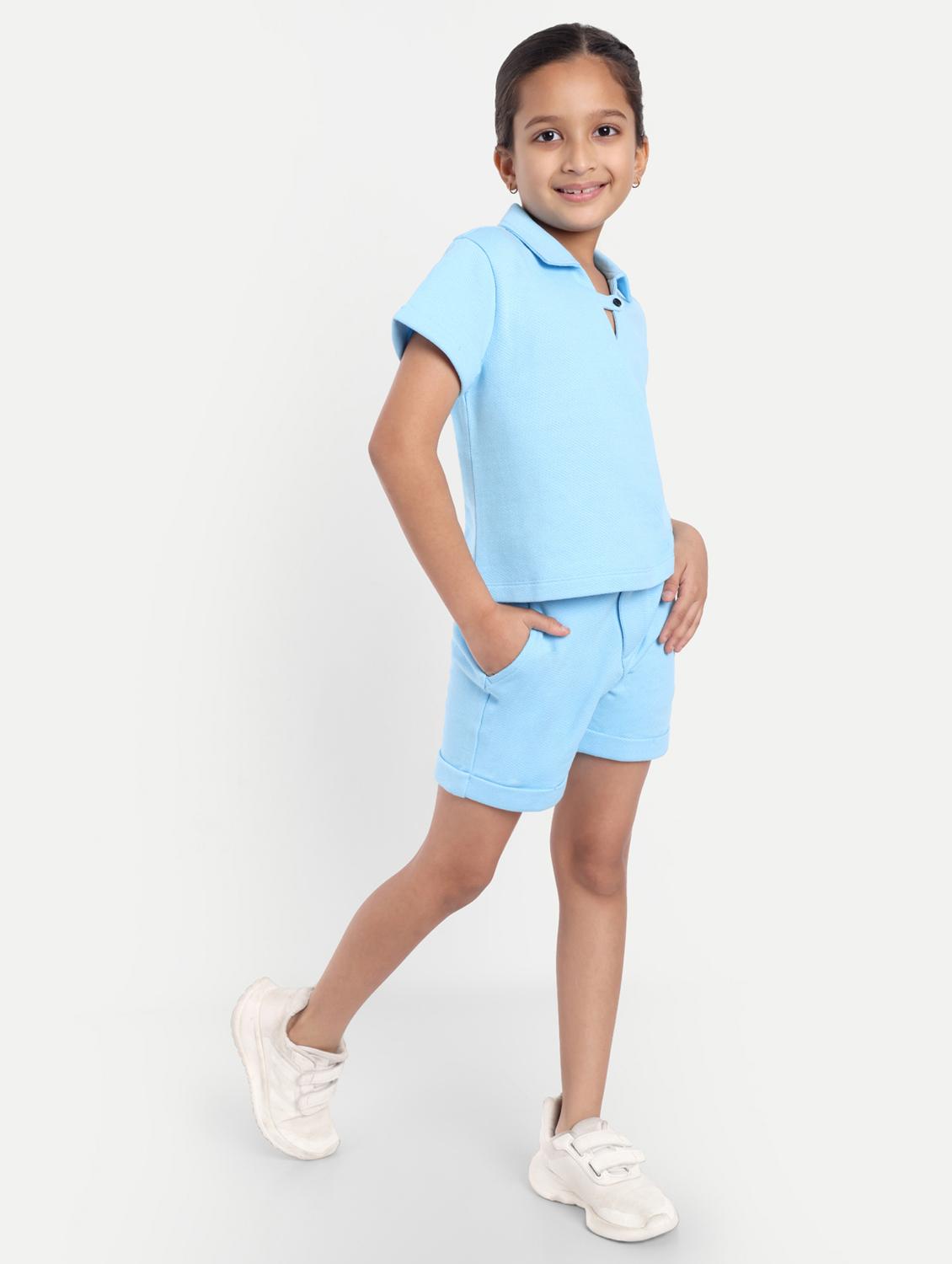 girls light blue solid shorts & top co-ords set - 21949155 - Standard Image - 2