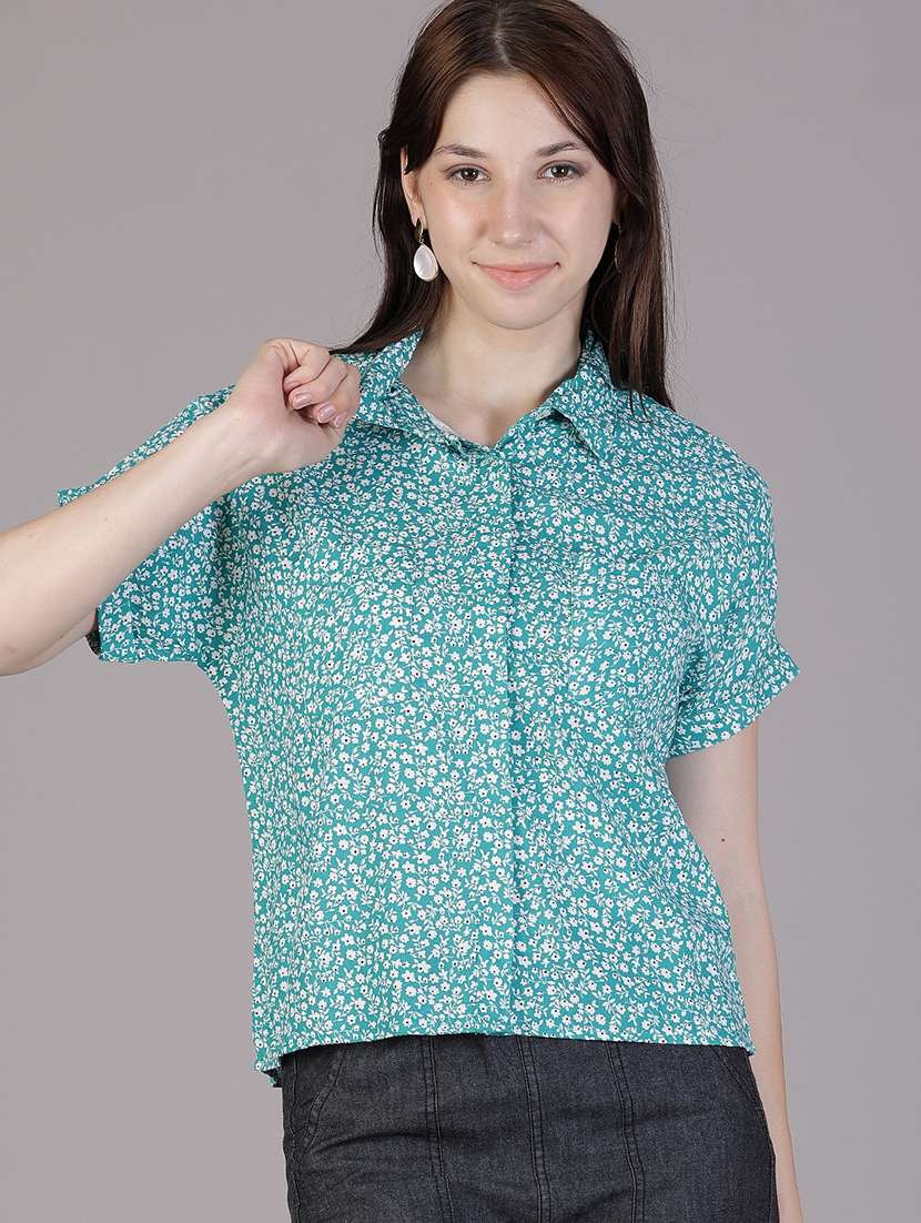 women printed collared short sleeve regular fit shirt
