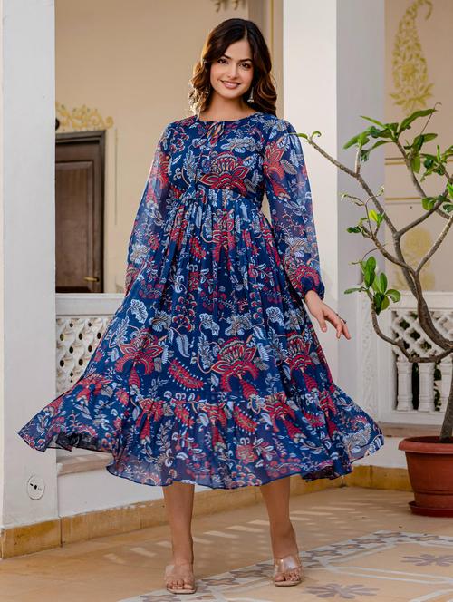 women blue printed long sleeve tiered dress - 21949585 - Standard Image - 0