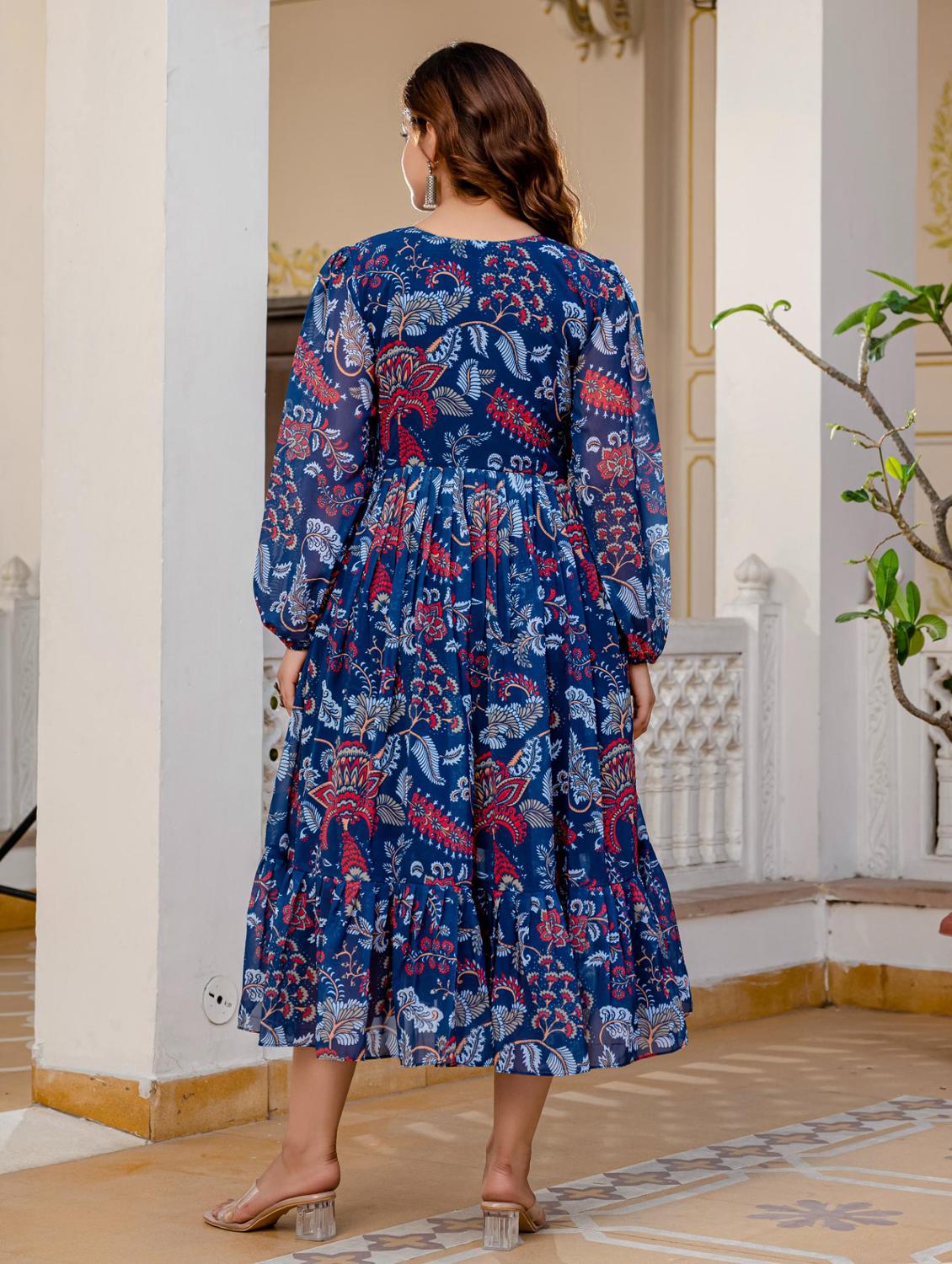 women blue printed long sleeve tiered dress - 21949585 - Standard Image - 2