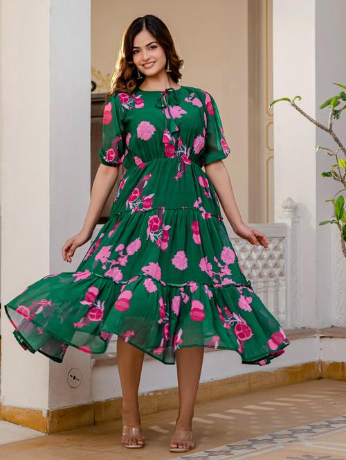 women floral printed tie-up neck tiered dress - 21949586 - Standard Image - 0