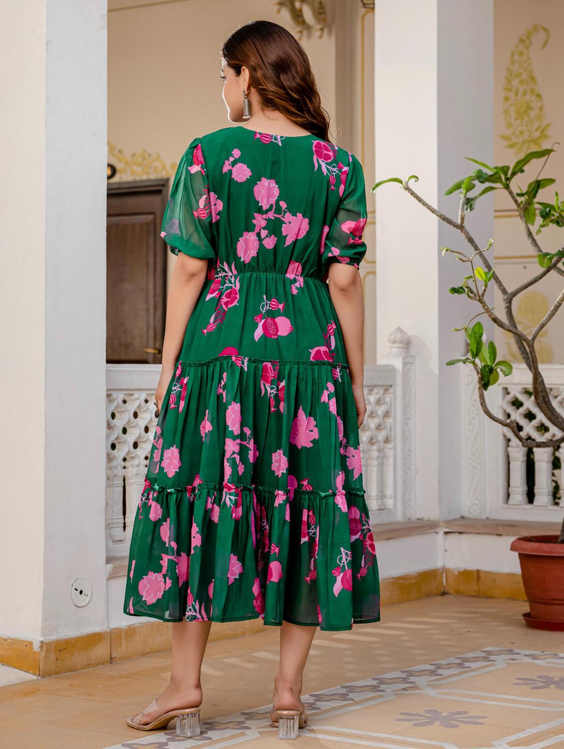 women floral printed tie-up neck tiered dress - 21949586 - Standard Image - 2