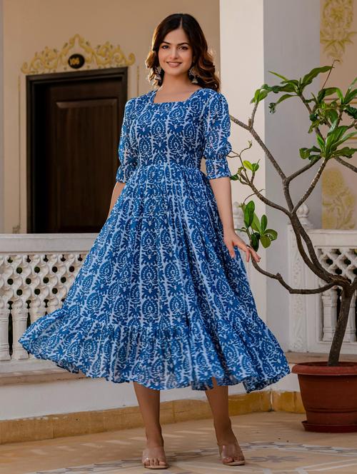 women blue printed square neck tiered dress - 21949587 -  Standard Image - 0