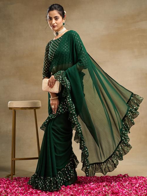 women solid with ruffle bordered saree with blouse - 21949606 - Standard Image - 0