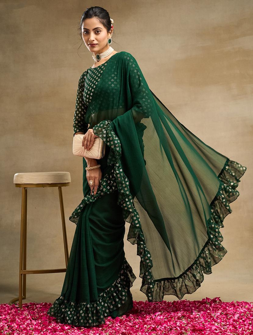 women solid with ruffle bordered saree with blouse - 21949606 - Zoom Image - 0