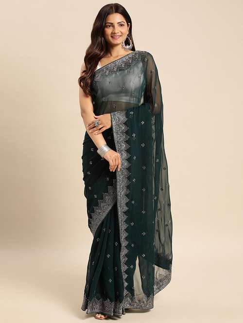 women solid with work embroidered saree with blouse - 21949611 - Standard Image - 0