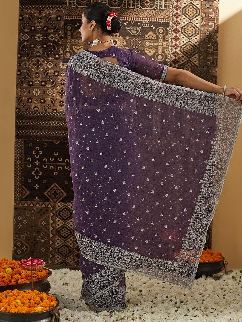 women solid with work embroidered saree with blouse - 21949612 - Standard Image - 2