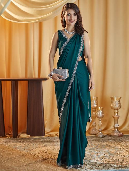 women solid embellished bordered saree with blouse - 21949614 -  Standard Image - 0