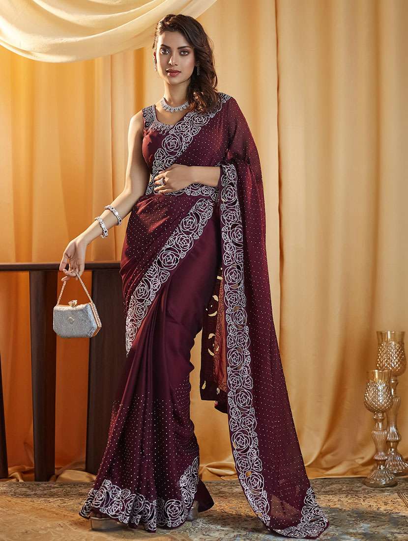 women solid with work embellished saree with blouse