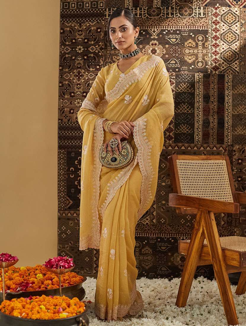 women solid with work embroidered saree with blouse - 21949626 - Zoom Image - 0