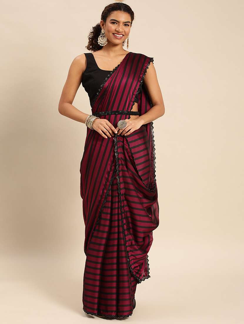 women striped embellished bordered saree with blouse