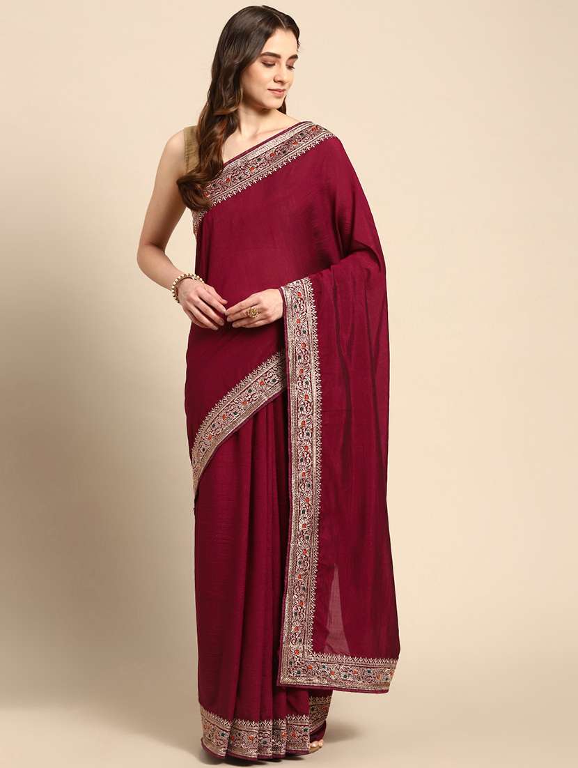 women solid with bordered saree with blouse - 21949673 - Zoom Image - 0