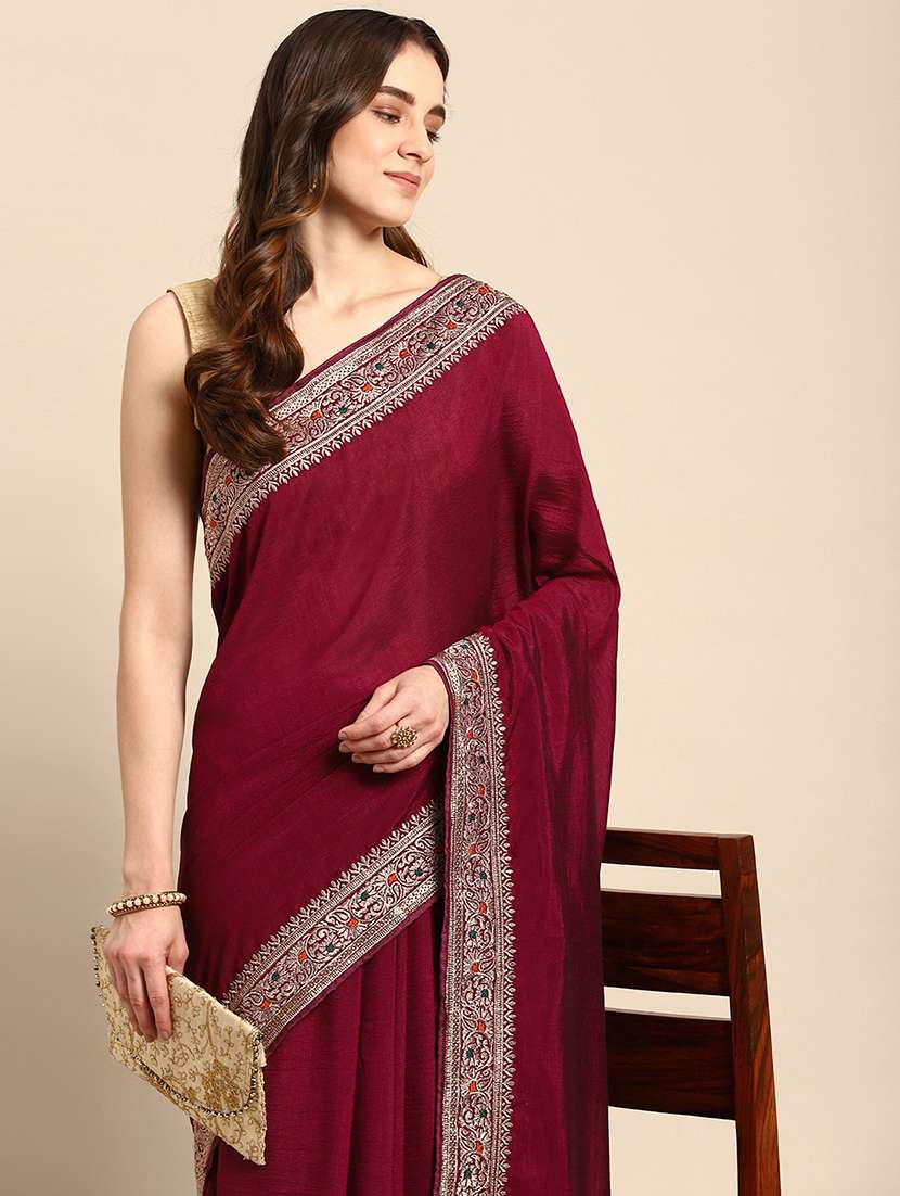 women solid with bordered saree with blouse - 21949673 - Standard Image - 2