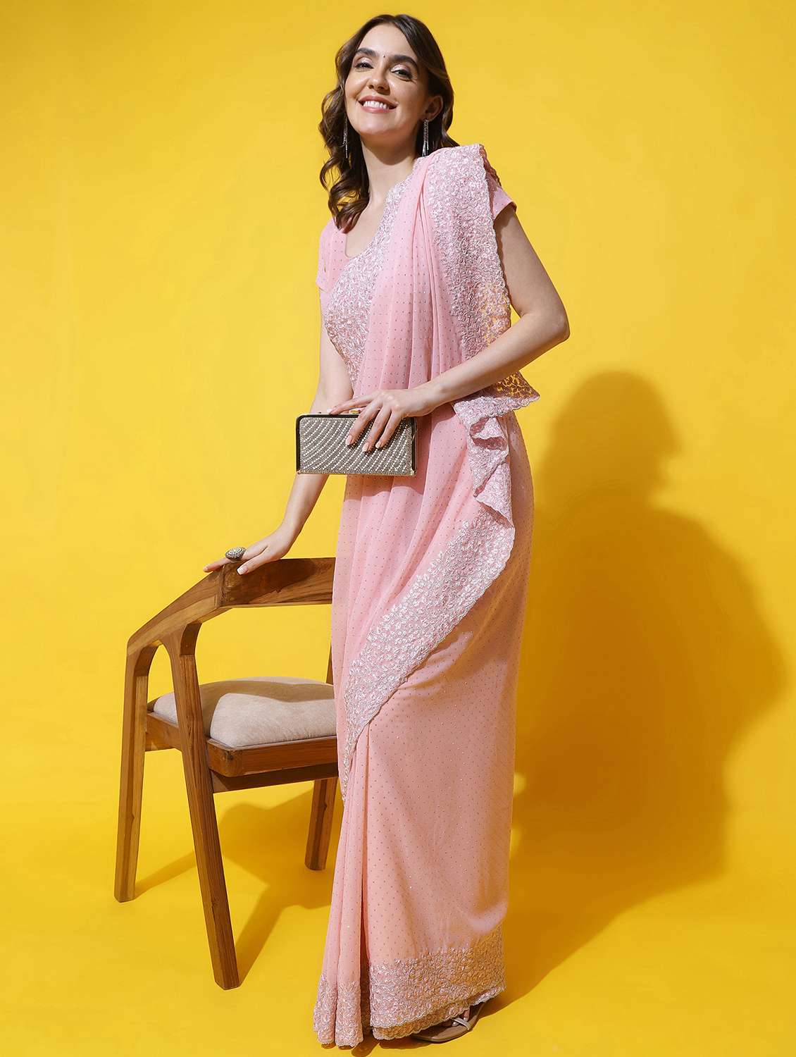 women solid with work embroidered saree with blouse - 21949682 - Zoom Image - 0
