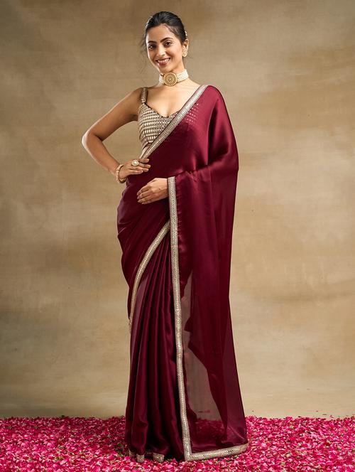 women solid with bordered saree with blouse - 21949684 - Standard Image - 0