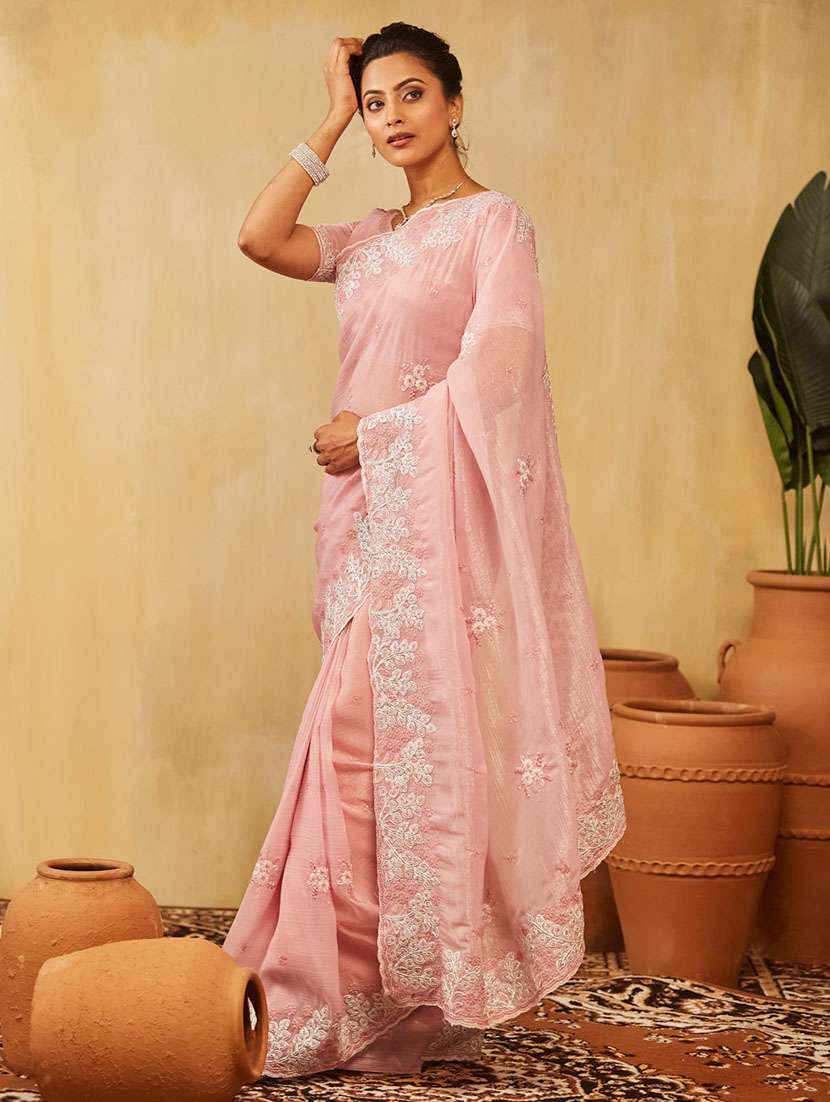 women solid with work embroidered saree with blouse
