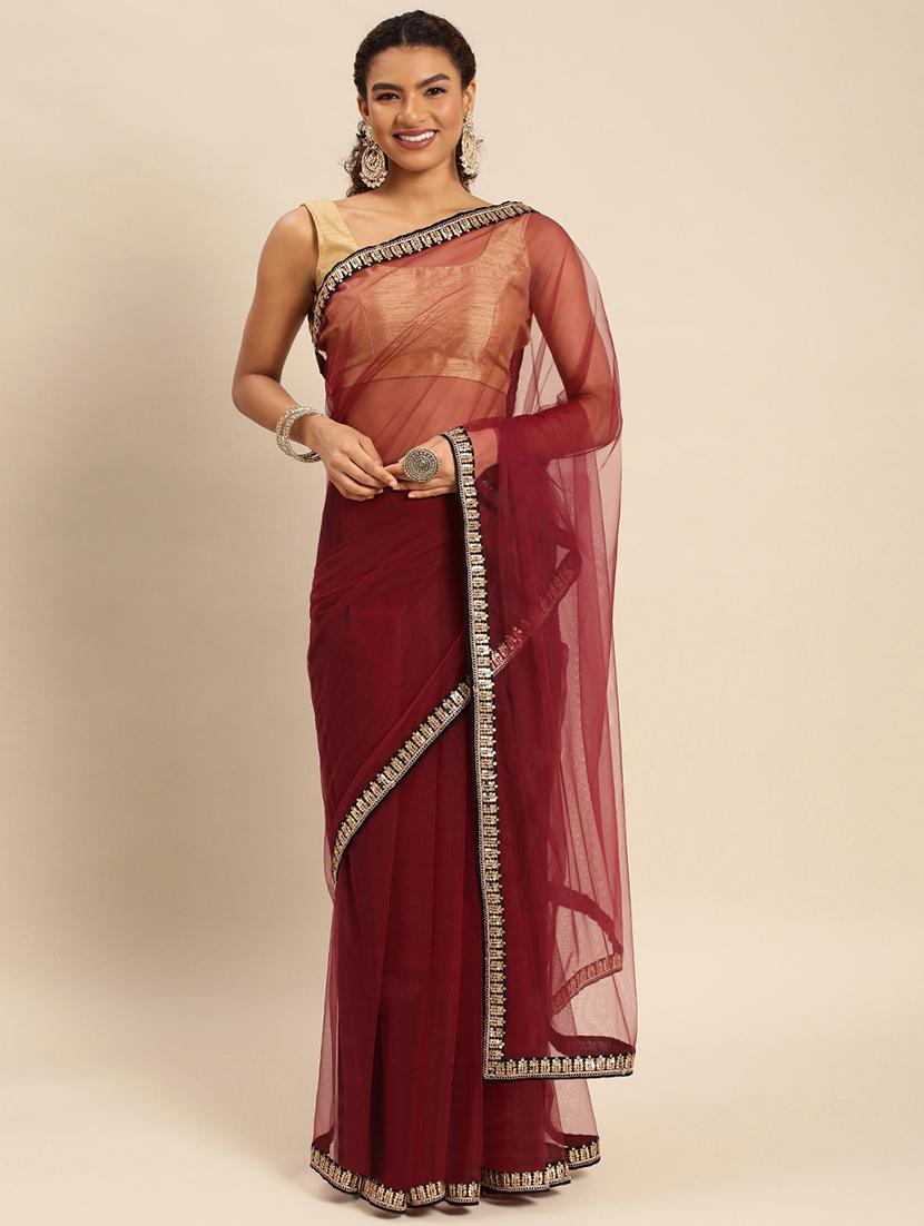 women solid with bordered saree with blouse - 21949730 - Zoom Image - 0