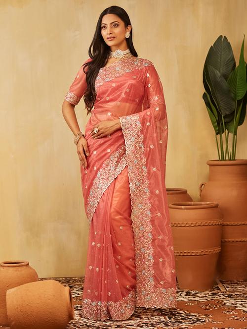 women solid with work embroidered saree with blouse - 21949748 - Standard Image - 0