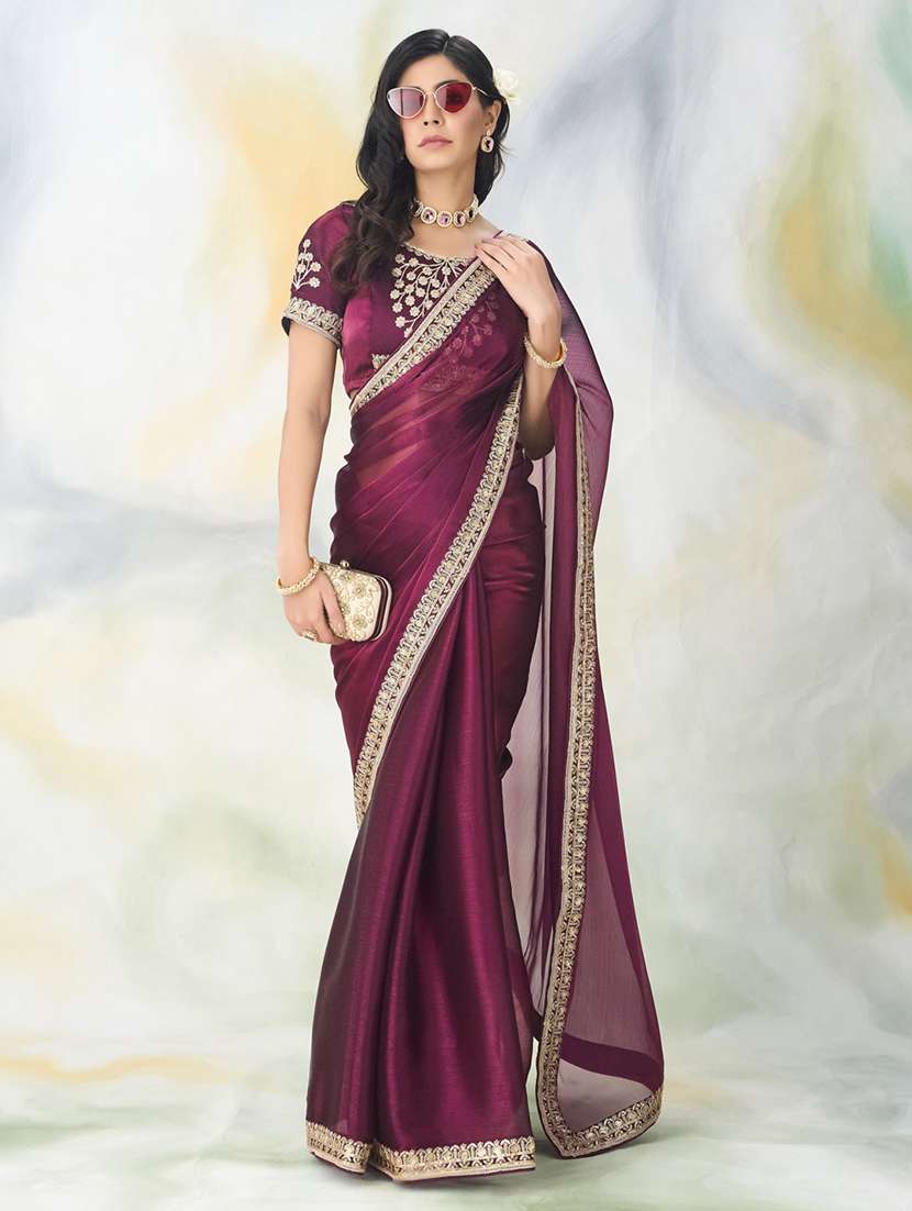 women solid with bordered saree with blouse