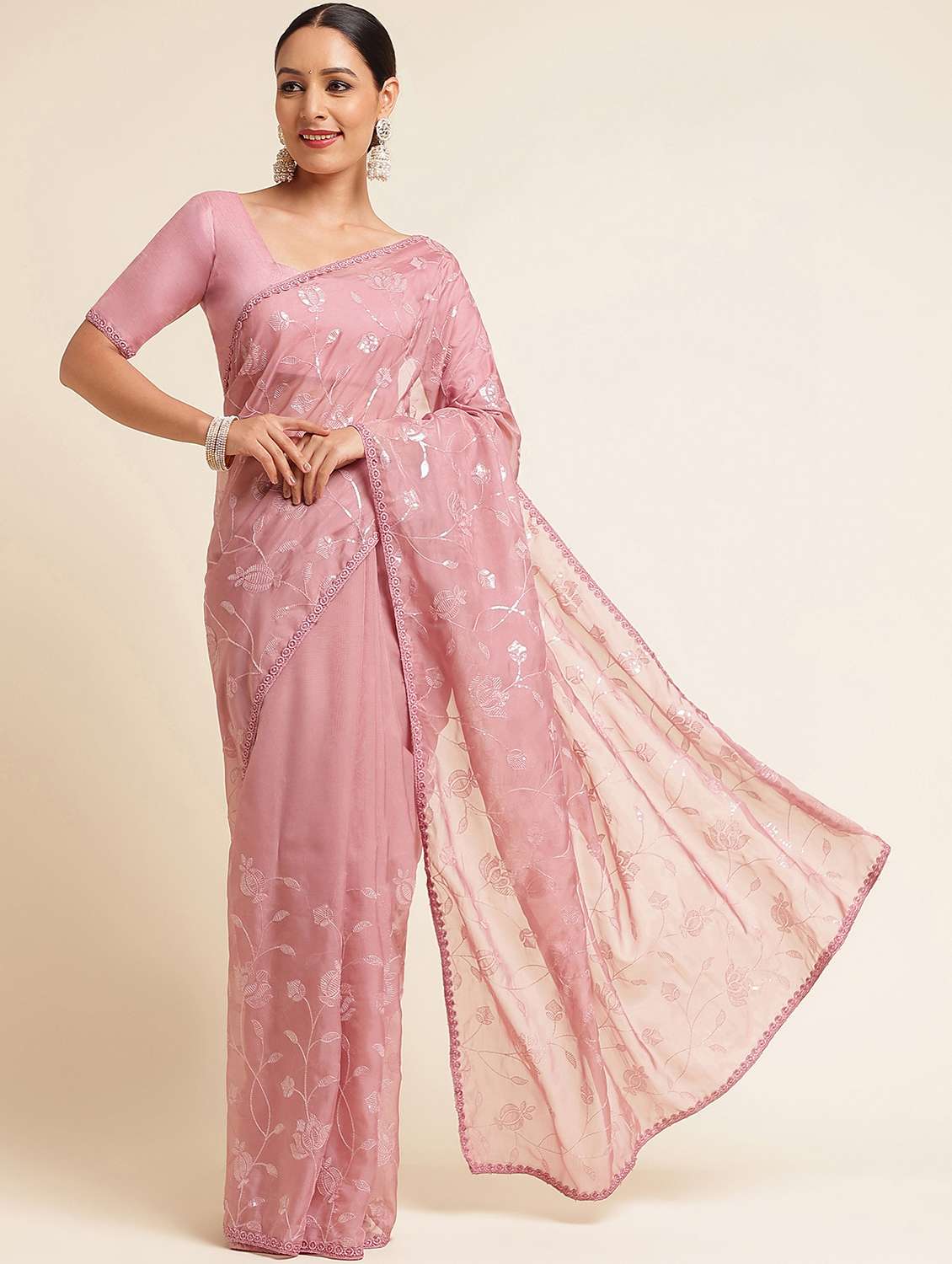 women solid with work embellished saree with blouse