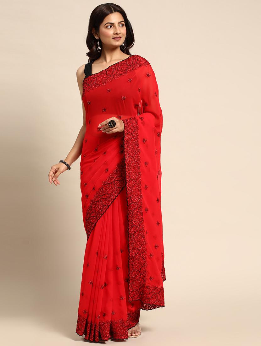 women solid with work embroidered saree with blouse - 21949778 -  Zoom Image - 0
