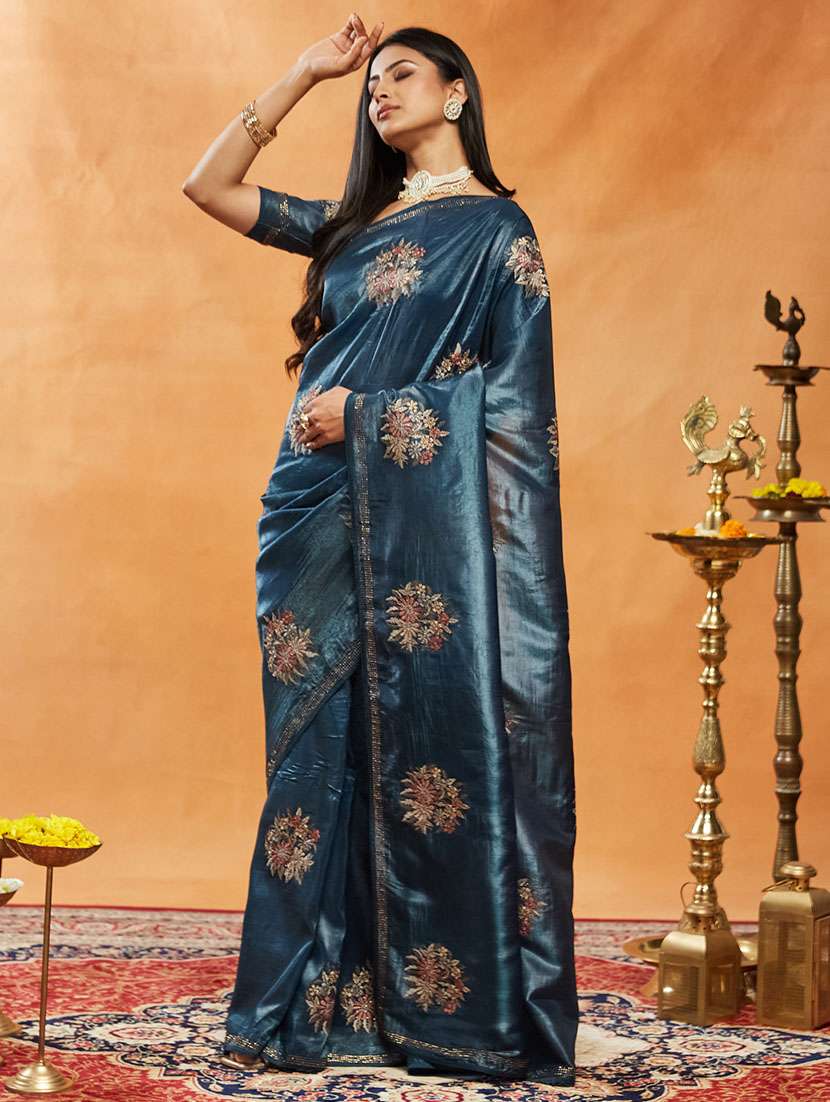 women solid with work embroidered saree with blouse