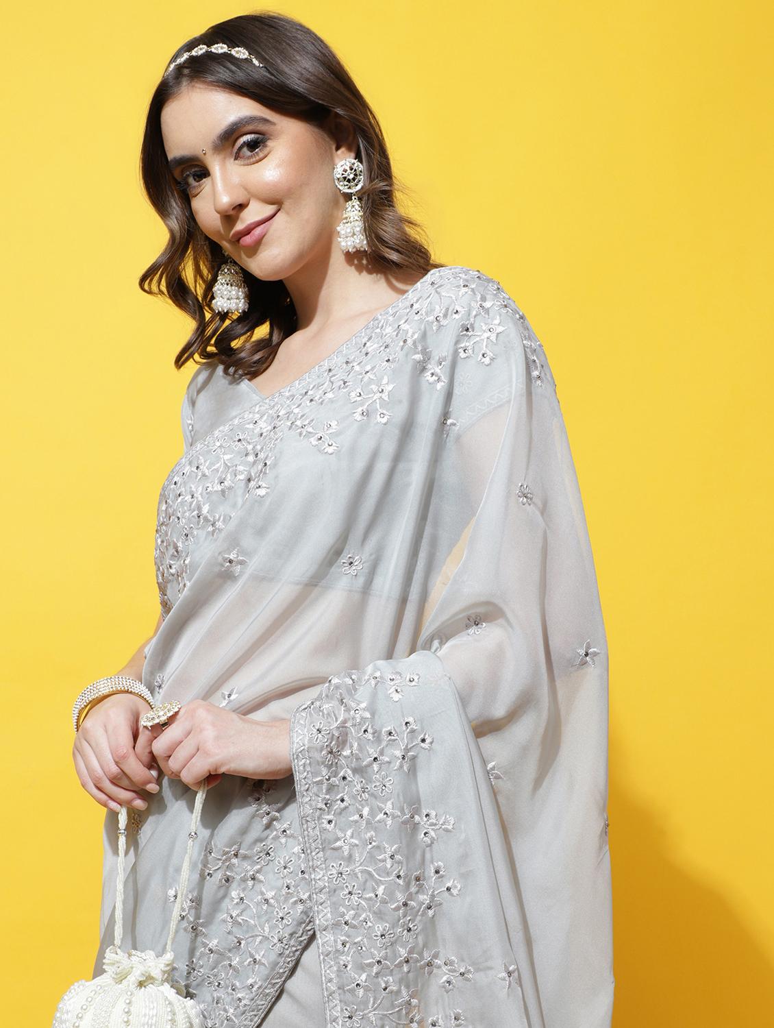 women solid with work embroidered saree with blouse - 21949813 - Standard Image - 2