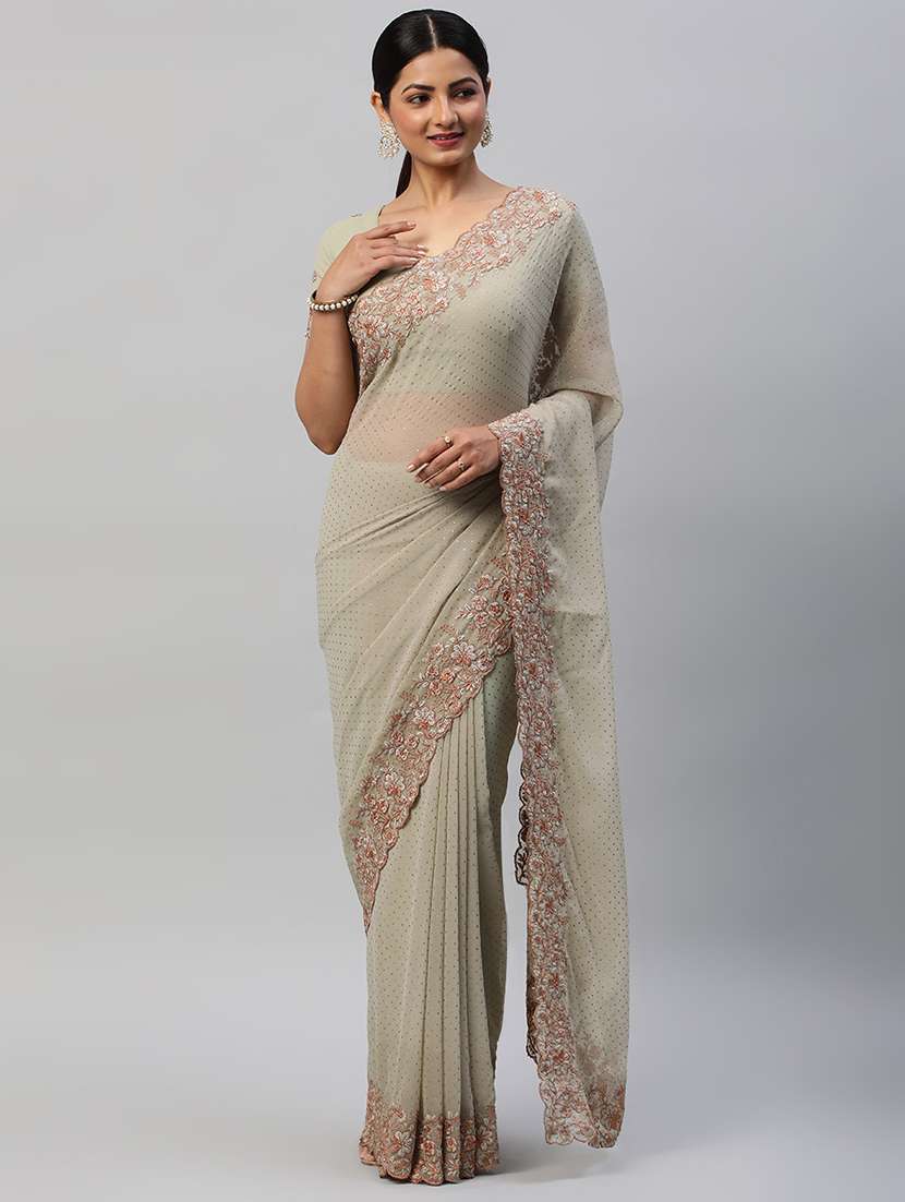 women solid with work embroidered saree with blouse - 21949821 - Zoom Image - 0