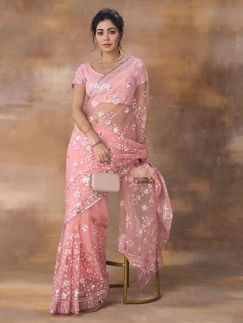 women solid with work embellished saree with blouse - 21949835 - Standard Image - 0