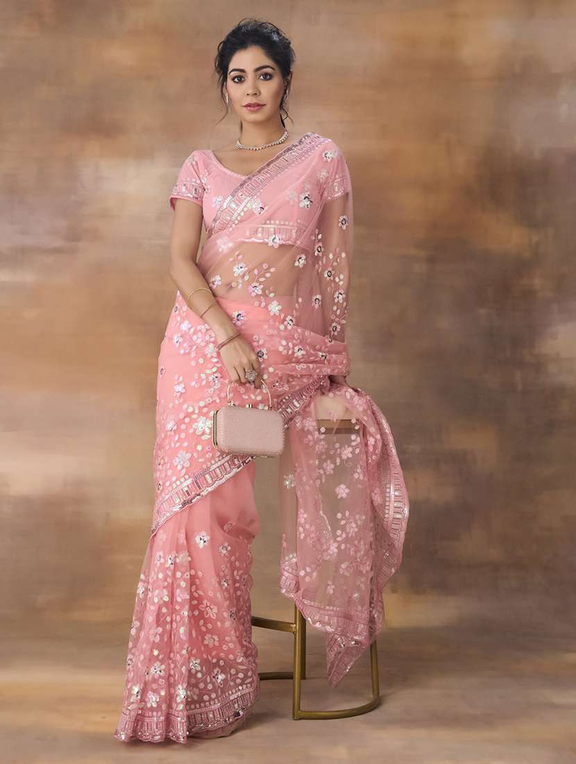 women solid with work embellished saree with blouse - 21949835 - Zoom Image - 0