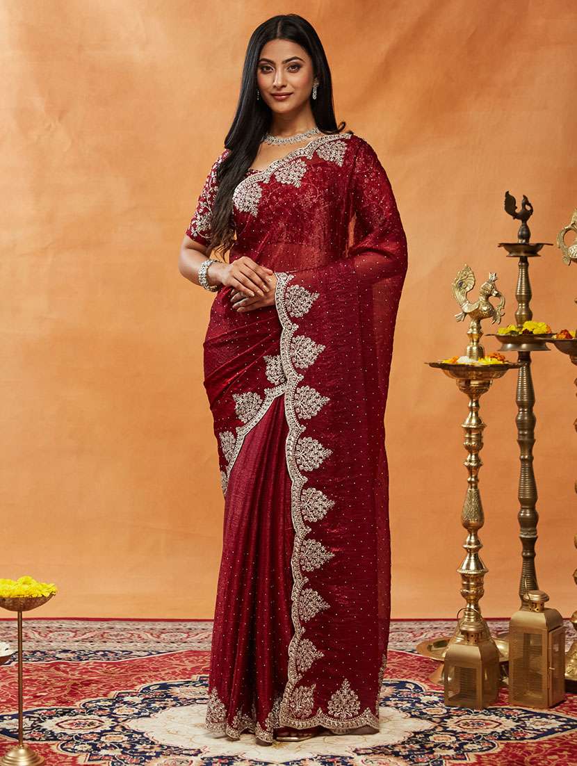 women solid with work embroidered saree with blouse