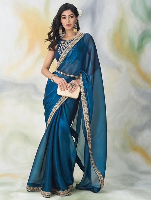 women solid with work embroidered saree with blouse - 21949874 - Standard Image - 0