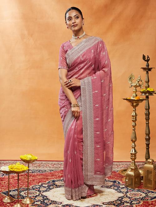 women solid with work embroidered saree with blouse - 21949880 - Standard Image - 0