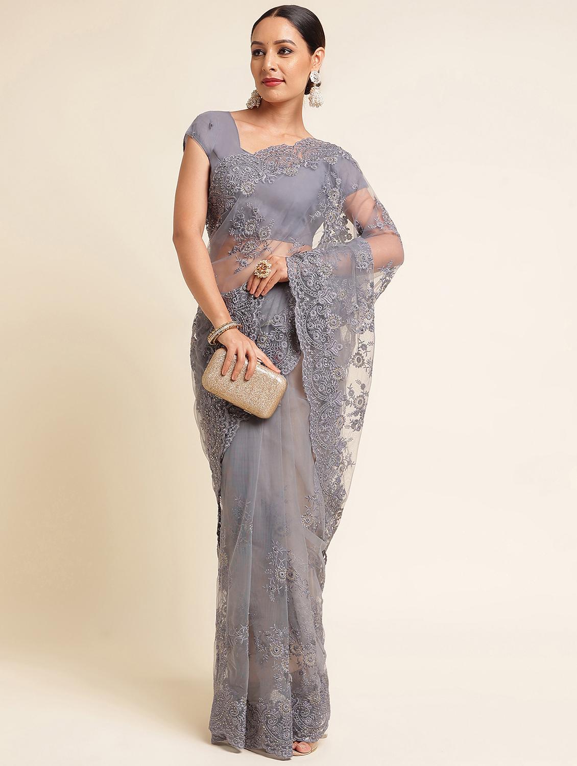 women solid with work embroidered saree with blouse - 21949885 -  Zoom Image - 0