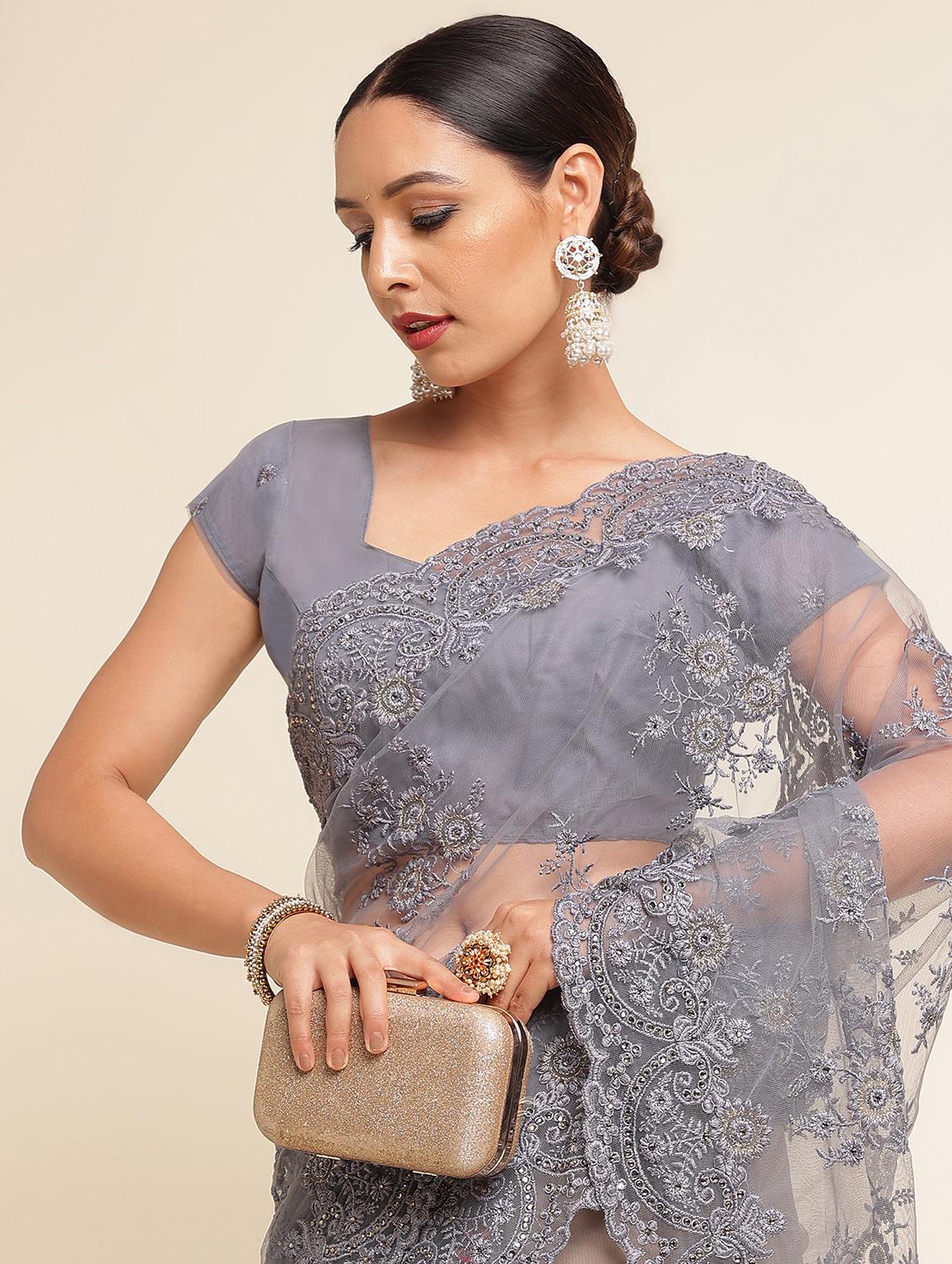 women solid with work embroidered saree with blouse - 21949885 - Standard Image - 2