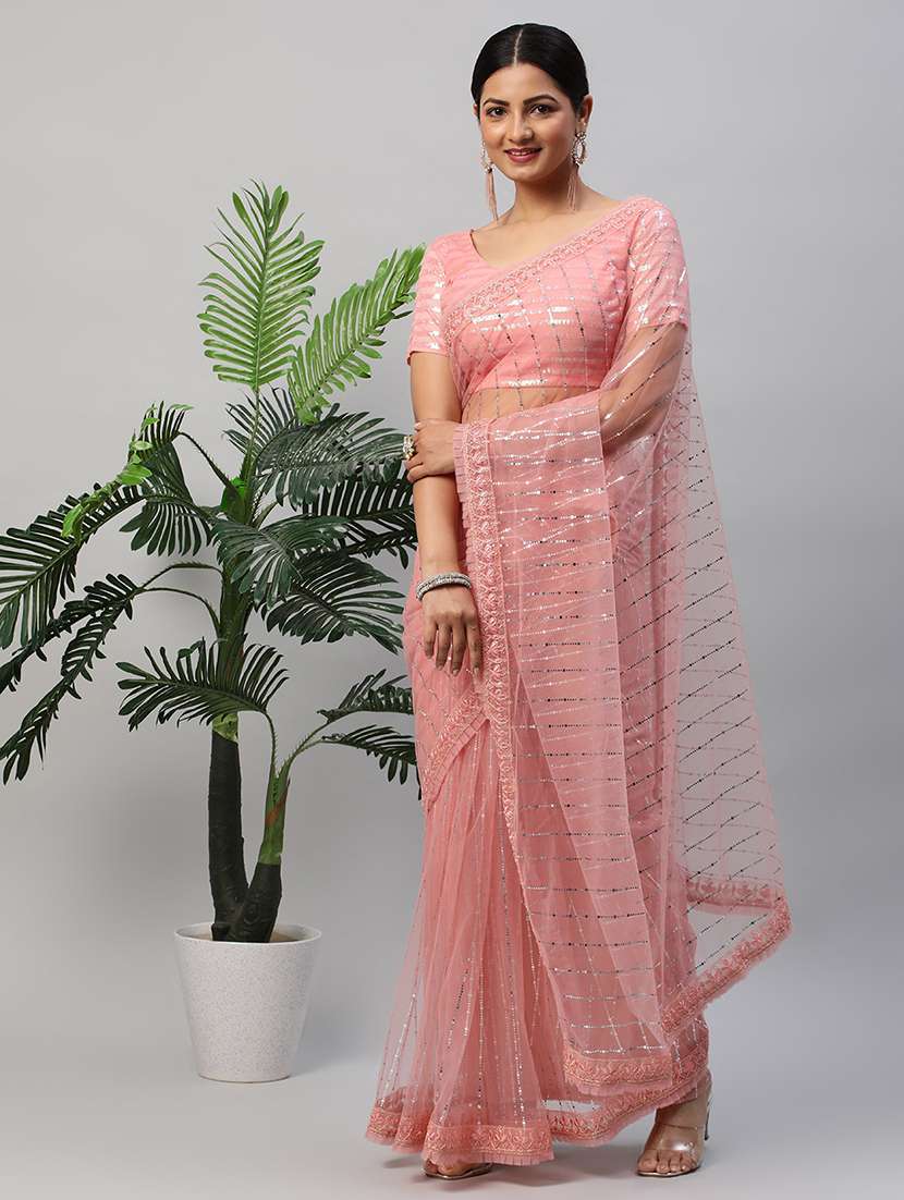 women solid with work embellished saree with blouse - 21949915 - Zoom Image - 0