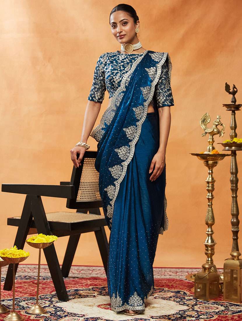 women solid with work embroidered saree with blouse - 21949968 -  Zoom Image - 0