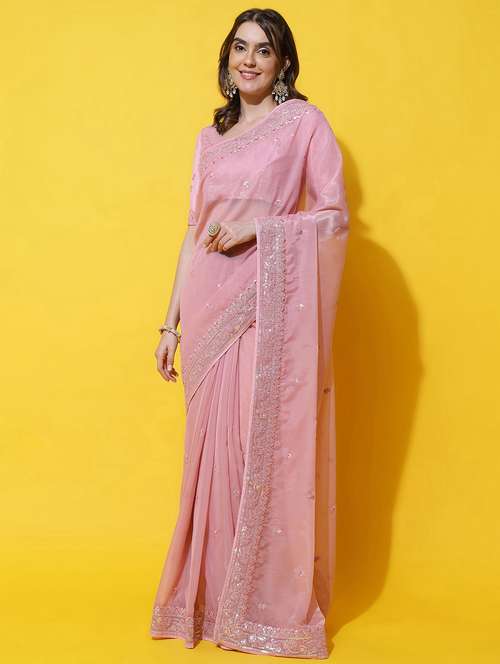 women solid with work embroidered saree with blouse - 21949984 - Standard Image - 0
