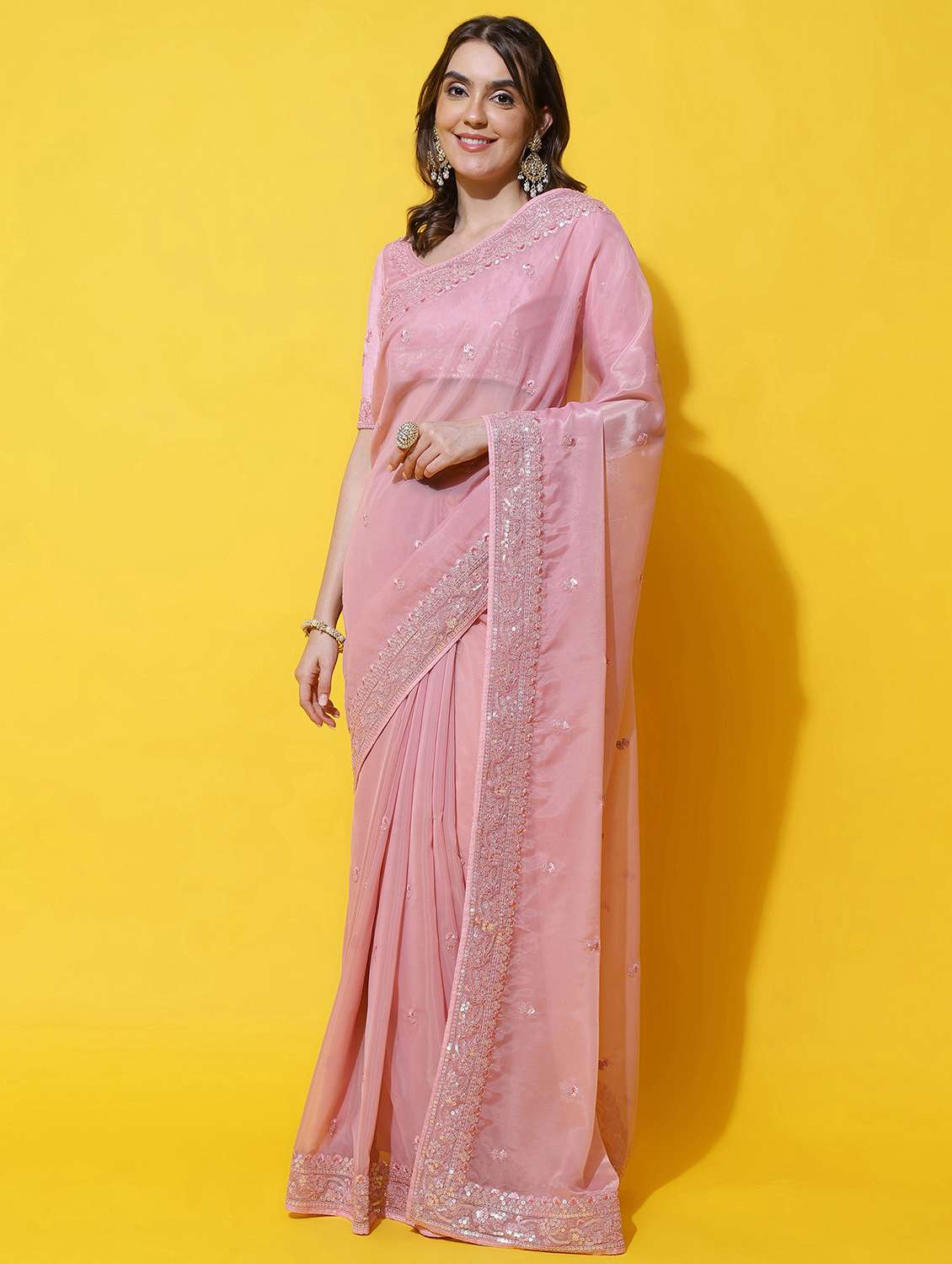women solid with work embroidered saree with blouse - 21949984 - Zoom Image - 0