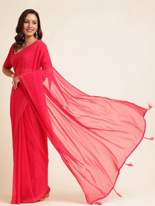 women solid with embellished bordered saree with blouse - 21949990 - Standard Image - 0