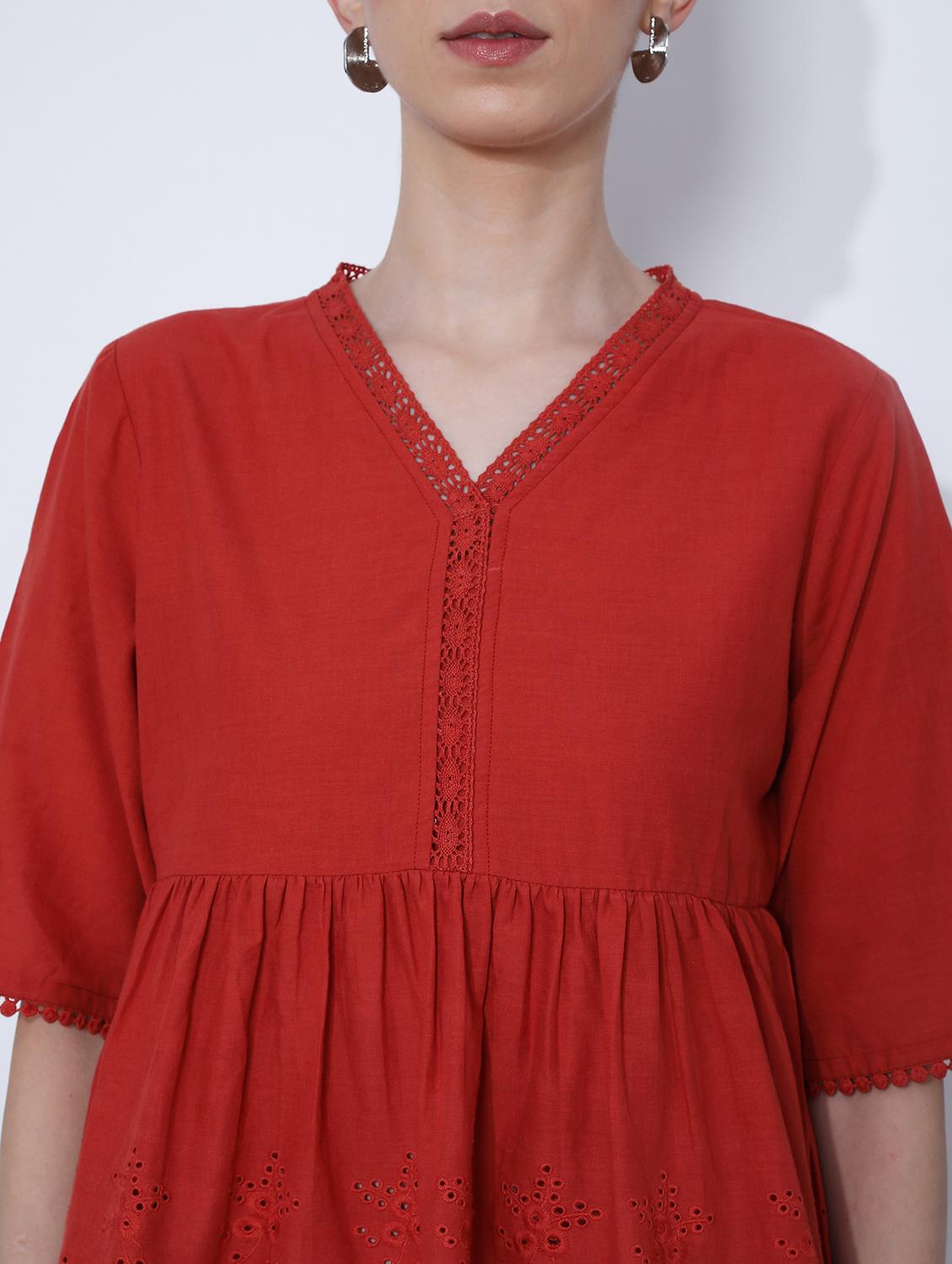 women red solid short sleeve schiffli flared top - 21951393 - Standard Image - 2