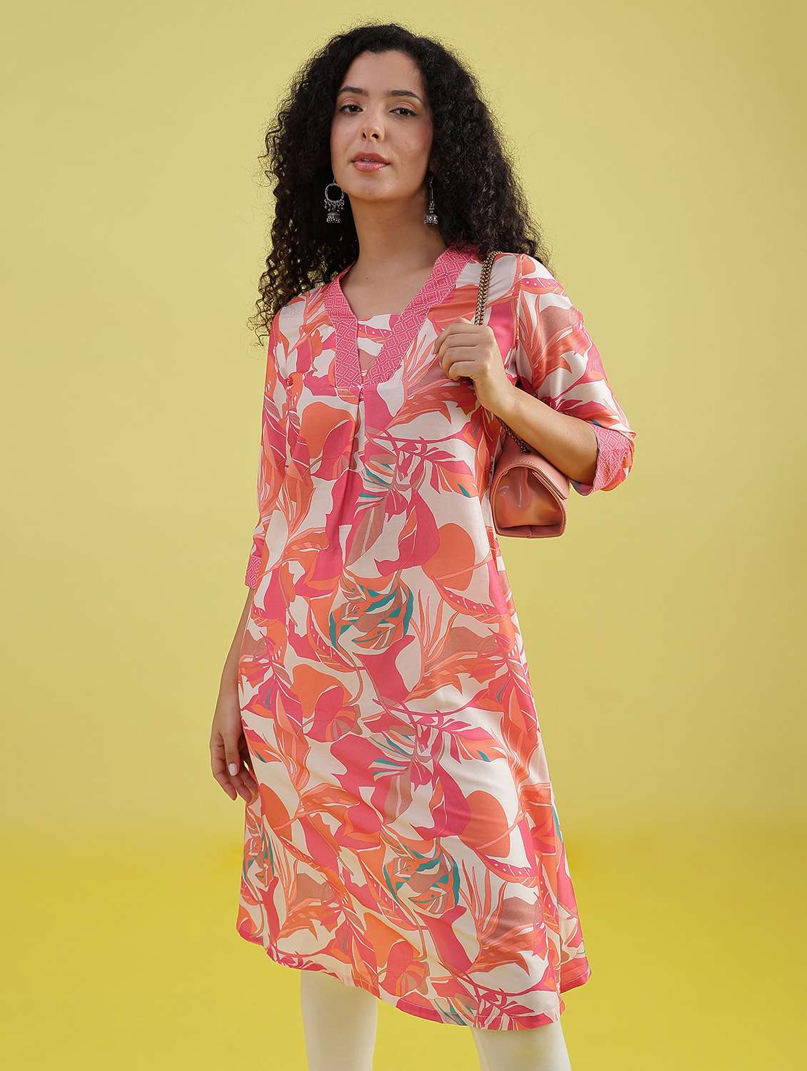 women printed three quarter sleeve a-line kurta