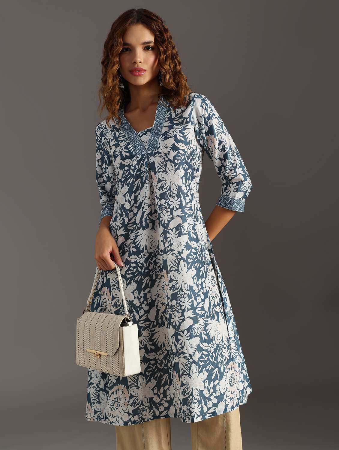 women printed three quarter sleeve a-line kurta